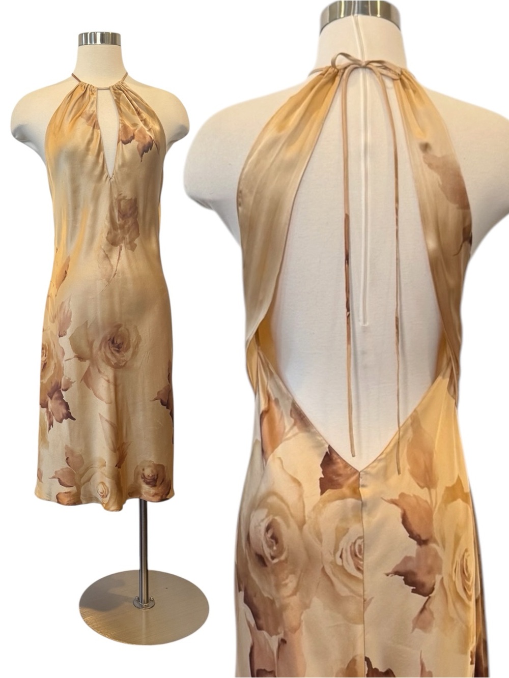 Y2k Victoria’s Secret 100% Silk Gold Floral Vintage Midi Halter Slip Dress M